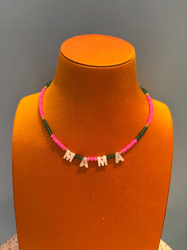 Beaded Necklace - MAMA - Green & Pink