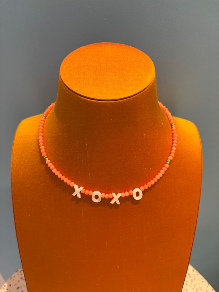 Beaded Necklace - XOXO - Neon Orange