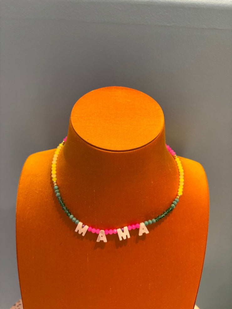 Beaded Necklace - MAMA - Green/Pink & Lime