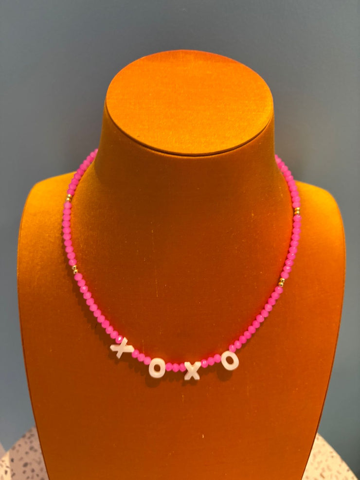 Beaded Necklace - XOXO - Neon Pink