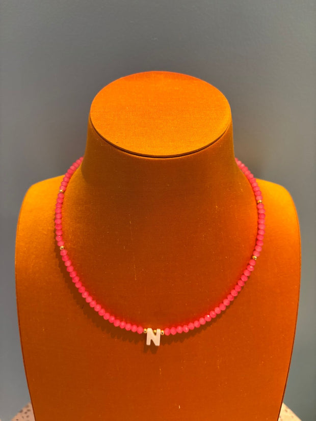 Beaded Initial Necklace - N - Neon Pink