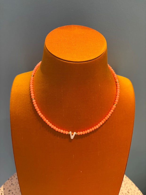 Beaded Initial Necklace - V - Neon Orange