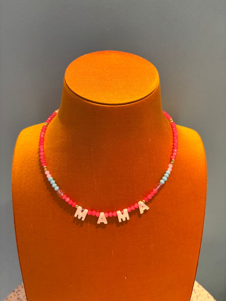 Beaded Necklace - MAMA - Pink Multi