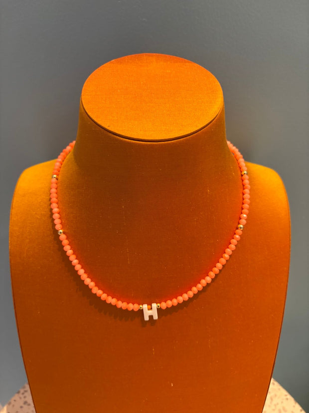 Beaded Initial Necklace - H - Neon Orange