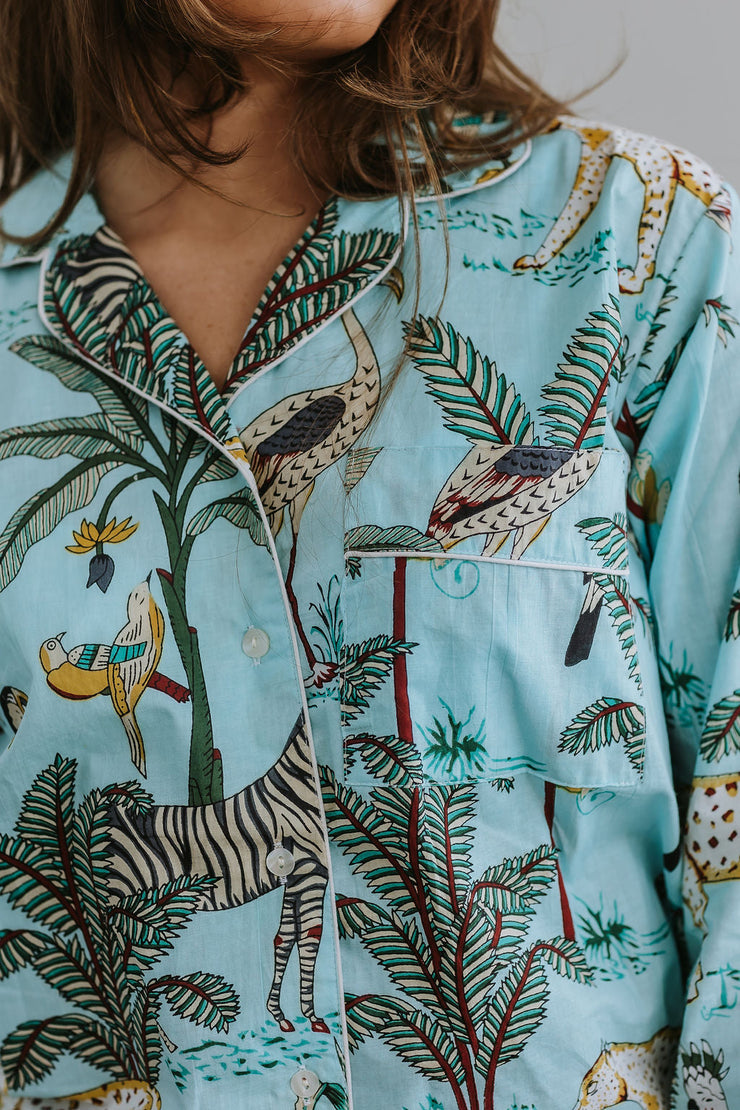 Pyjamas  - Indian Cotton Long Set - Blue Palm & Leopard - Elizabeth Summer