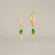 Tarnish Free - Earrings - Silver Diamond Pave Rivet Pendant Huggie Earring With Green Stone - Elizabeth Summer