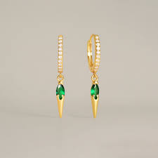 Tarnish Free - Earrings - Silver Diamond Pave Rivet Pendant Huggie Earring With Green Stone - Elizabeth Summer