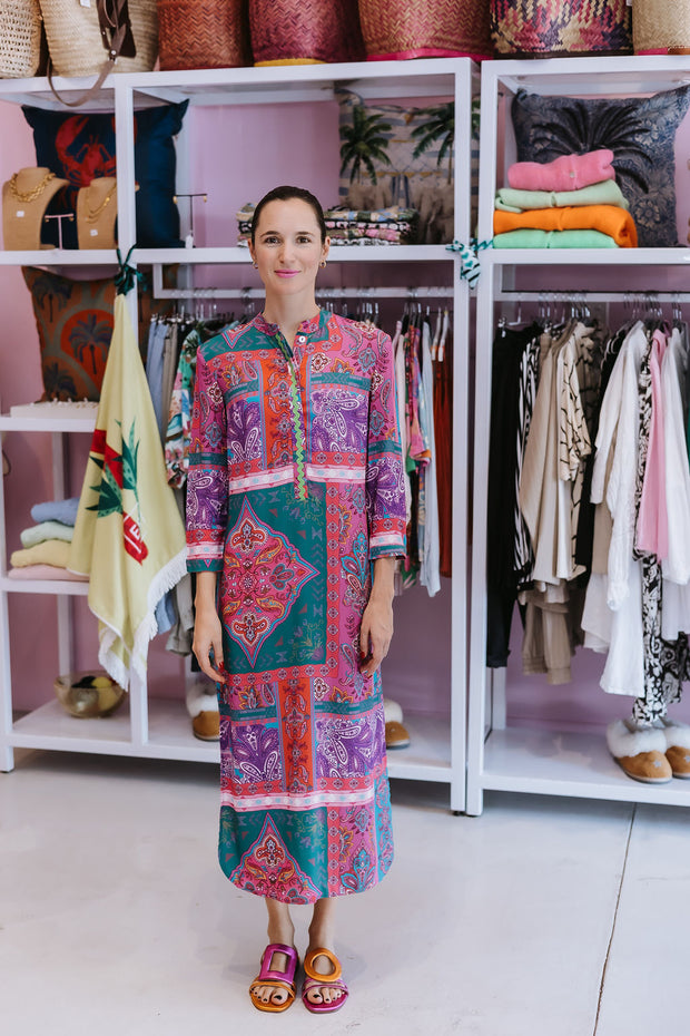 Meg Dress - Pink and Blue Paisley, with Green detailing