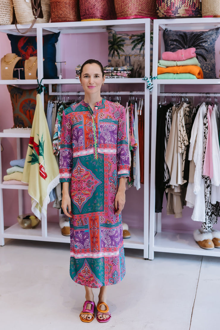 Meg Dress - Pink and Blue Paisley, with Green detailing
