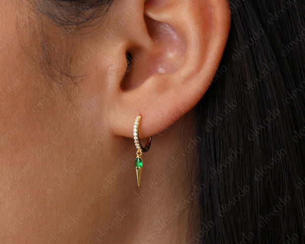 Tarnish Free - Earrings - Silver Diamond Pave Rivet Pendant Huggie Earring With Green Stone - Elizabeth Summer