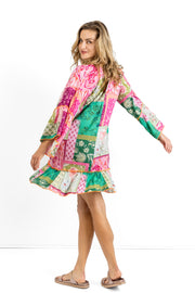 Slick - Sue Boho Dress - Pink and Green Pattern with Orange stitching