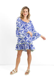 Slick - Sue Boho Dress - Blue & White Lumo Green stitching