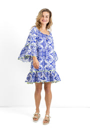 Slick - Sue Boho Dress - Blue & White Lumo Green stitching