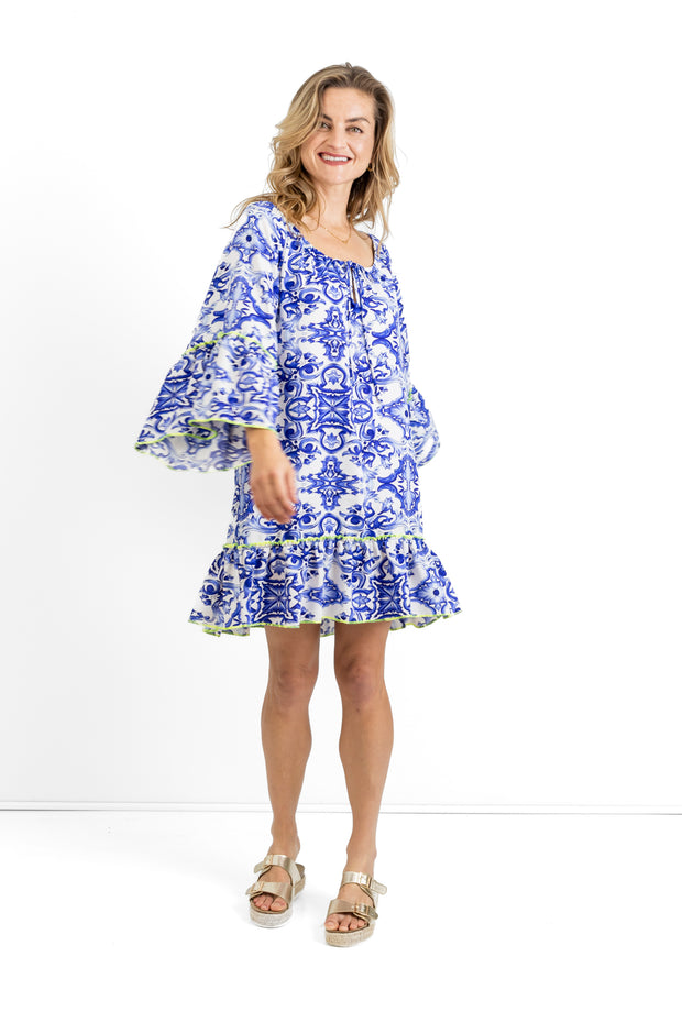 Slick - Sue Boho Dress - Blue & White Lumo Green stitching