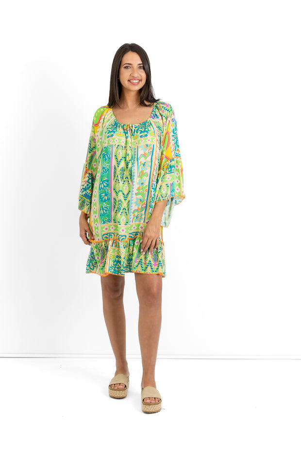 Slick - Sue Boho Dress - Green Pattern with Orange stitching