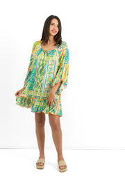 Slick - Sue Boho Dress - Green Pattern with Orange stitching