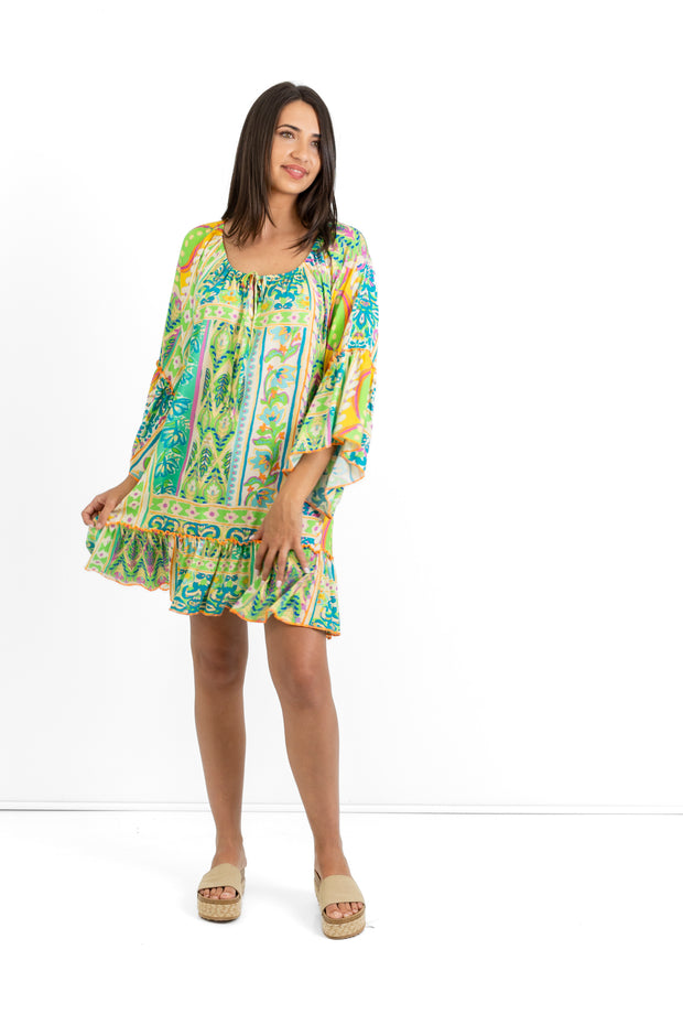 Slick - Sue Boho Dress - Green Pattern with Orange stitching