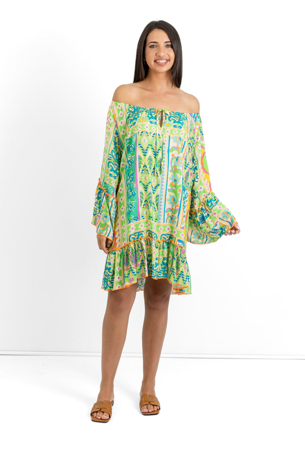 Slick - Sue Boho Dress - Green Pattern with Orange stitching