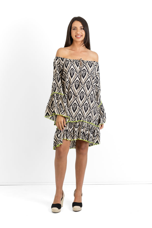 Slick - Sue Boho Dress - Grey & White with Lumo Orange stitching