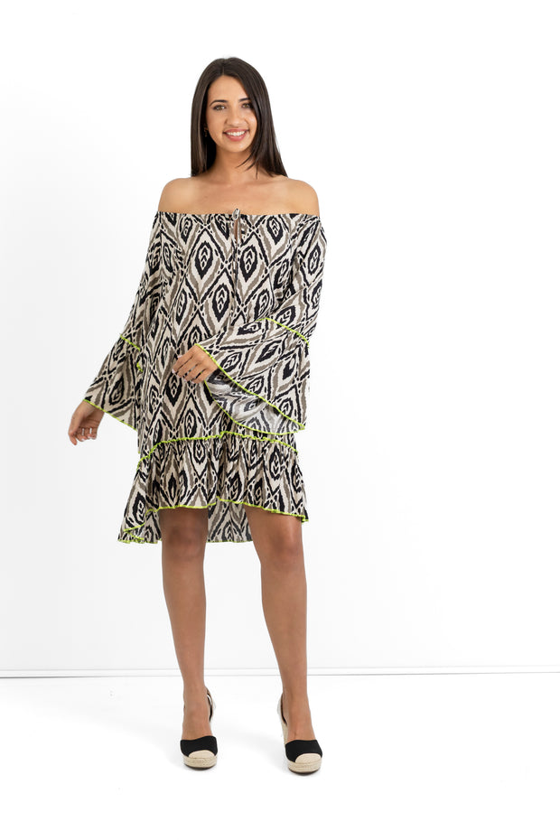 Slick - Sue Boho Dress - Grey & White with Lumo Orange stitching