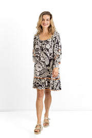 Slick - Sue Boho Dress - Black & White with Orange stitching