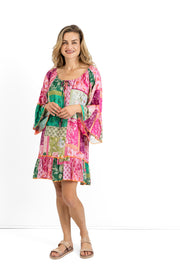 Slick - Sue Boho Dress - Pink and Green Pattern with Orange stitching