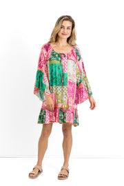 Slick - Sue Boho Dress - Pink and Green Pattern with Orange stitching