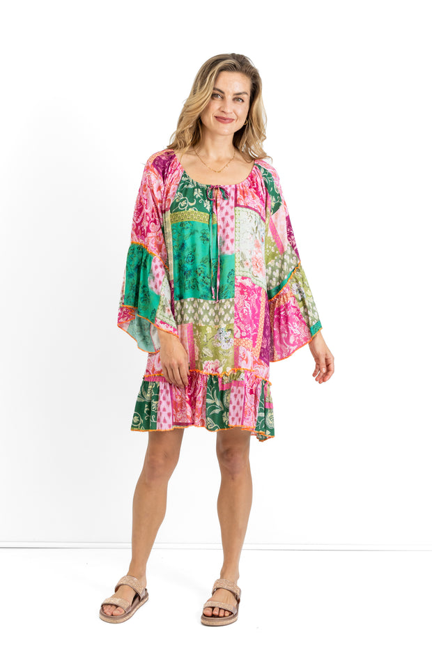 Slick - Sue Boho Dress - Pink and Green Pattern with Orange stitching
