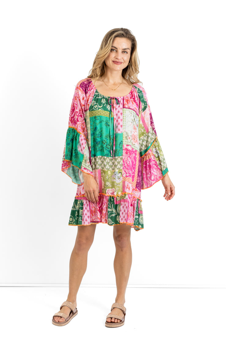 Slick - Sue Boho Dress - Pink and Green Pattern with Orange stitching