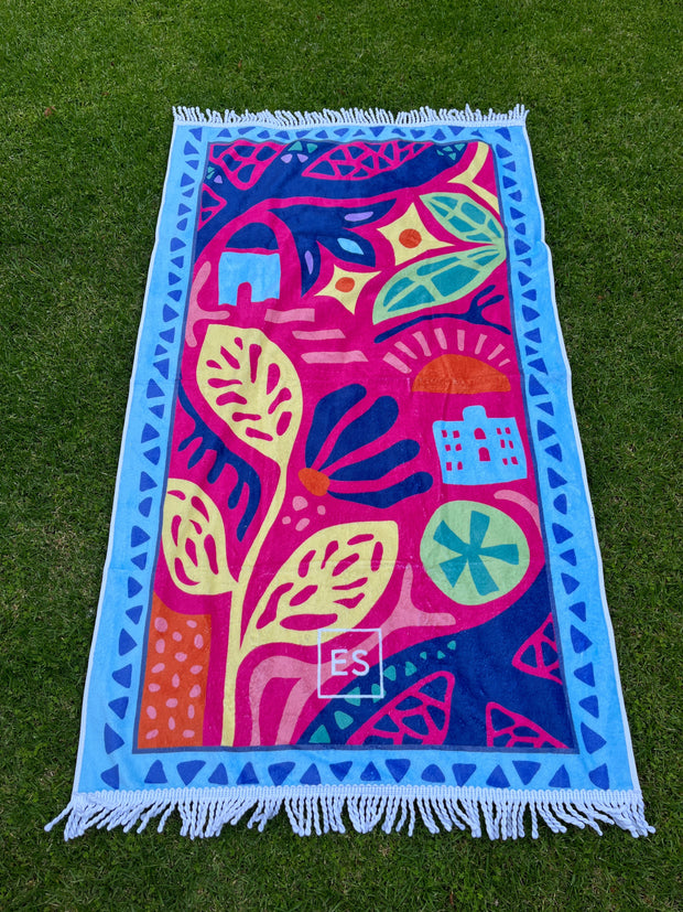 Beach Towel - Pink with Blue Boarder - Elizabeth Summer