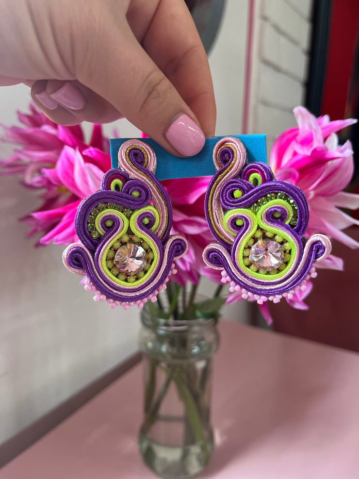 South American Earrings - Swirl - Purple and Lumo - Elizabeth Summer