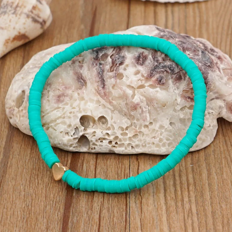 Polymer Clay - Aqua -  Elastic Boho Beaded Bracelet - Elizabeth Summer