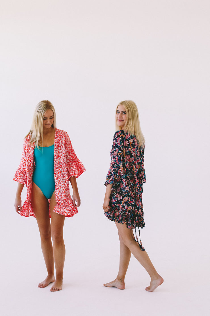 Gown/Kimono - Short - Black and Pink Paisley - Elizabeth Summer