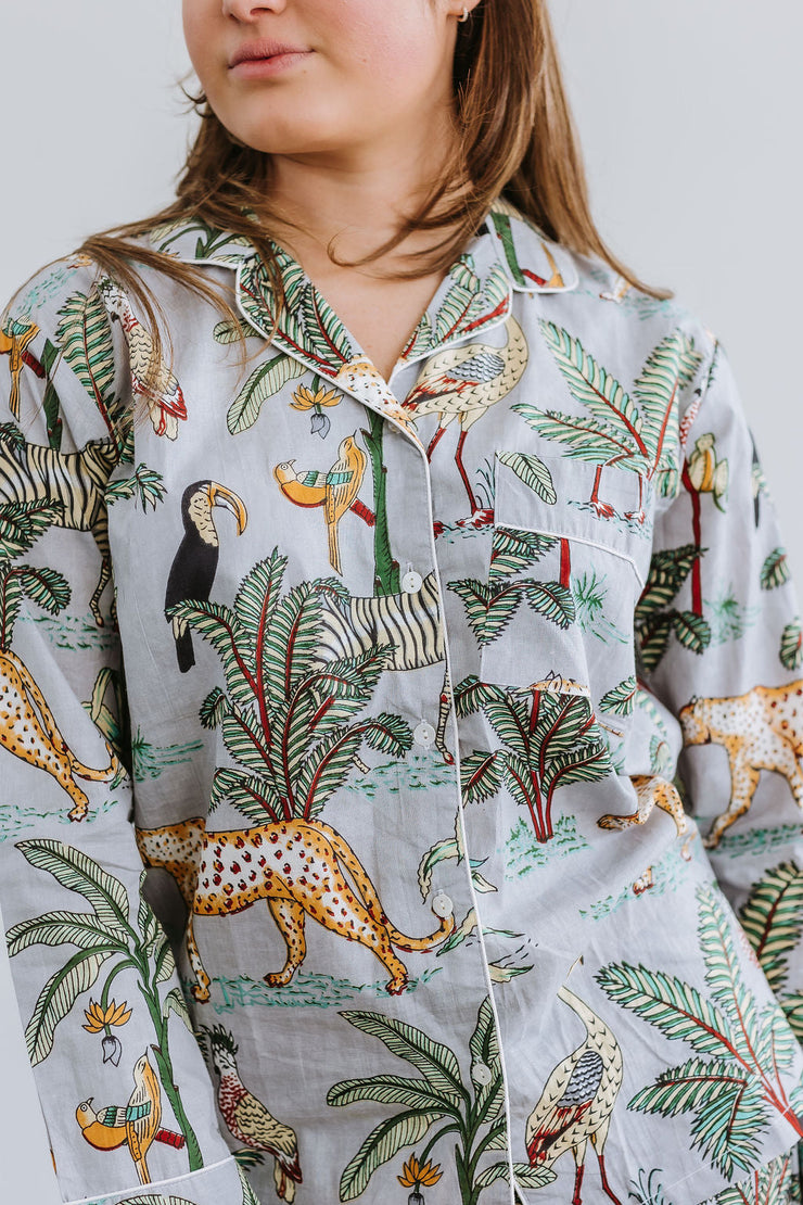 Pyjamas - Indian Cotton Long Set - Grey Palm & Leopard - Elizabeth Summer