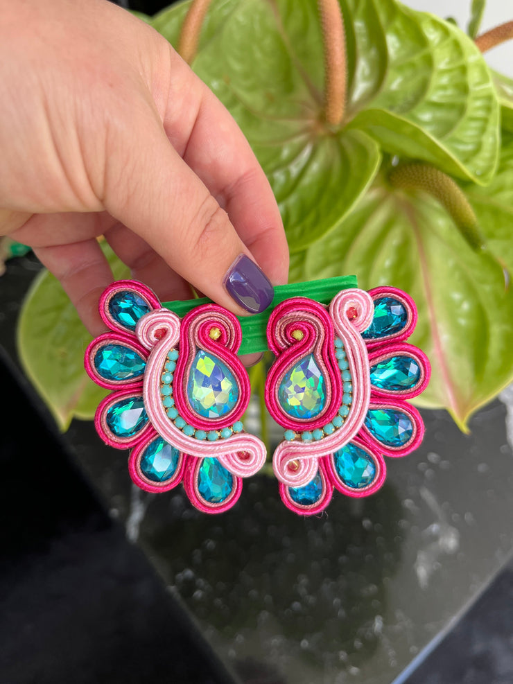 South American Earrings - Medium C shape - Bright blue and pink - Elizabeth Summer