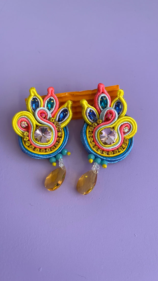 South American Earrings - Beaded Tor - Yellow/Blue - Elizabeth Summer