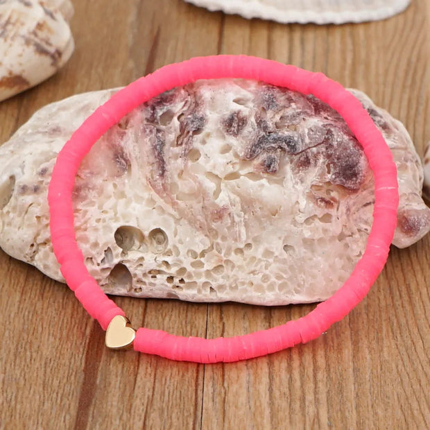 Polymer Clay - Orangy Pink -  Elastic Boho Beaded Bracelet - Elizabeth Summer