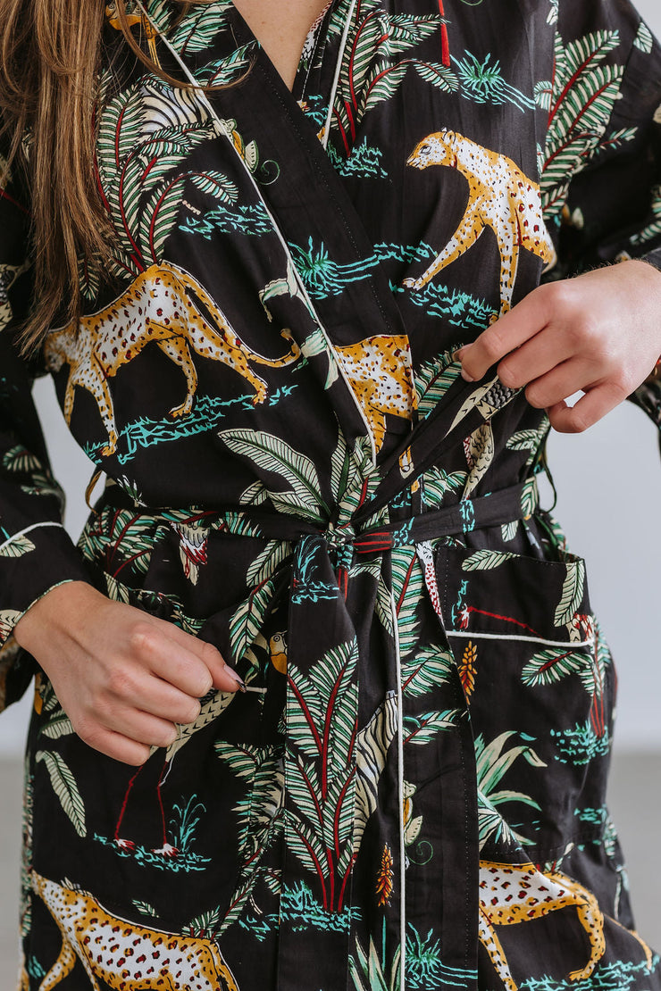 Gown/Kimono - Palms and Leopards - Black - Elizabeth Summer