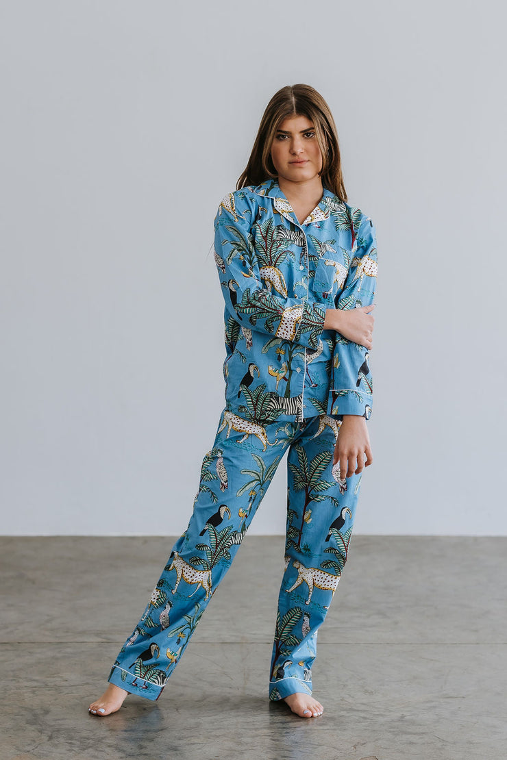 Pyjamas  - Indian Cotton Long Set - Blue Palm & Leopard - Elizabeth Summer