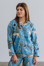 Pyjamas  - Indian Cotton Long Set - Blue Palm & Leopard - Elizabeth Summer