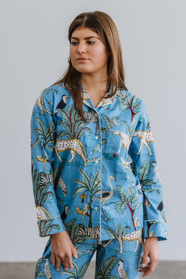 Pyjamas  - Indian Cotton Long Set - Blue Palm & Leopard - Elizabeth Summer