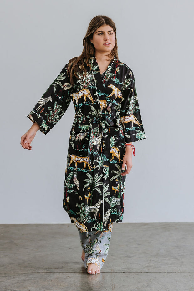 Gown/Kimono - Palms and Leopards - Black - Elizabeth Summer