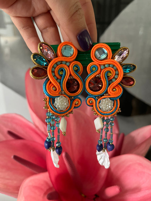 South American Earrings - Hanging jewels - Orange/Turq - Elizabeth Summer