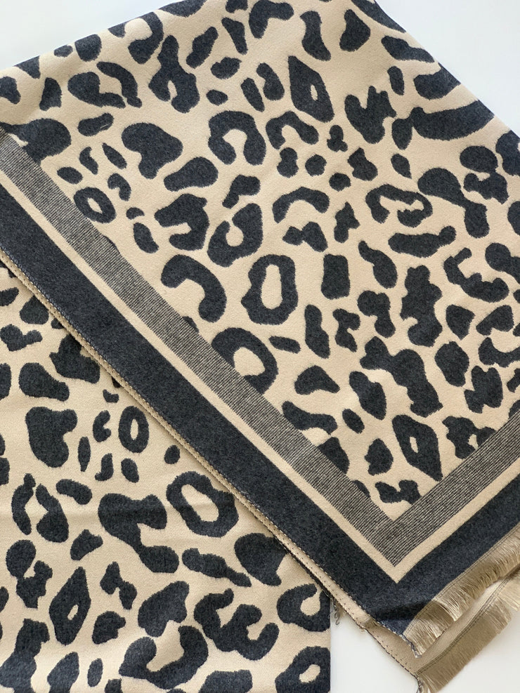 Leopard Print Scarf - Dark Grey and Cream - Elizabeth Summer