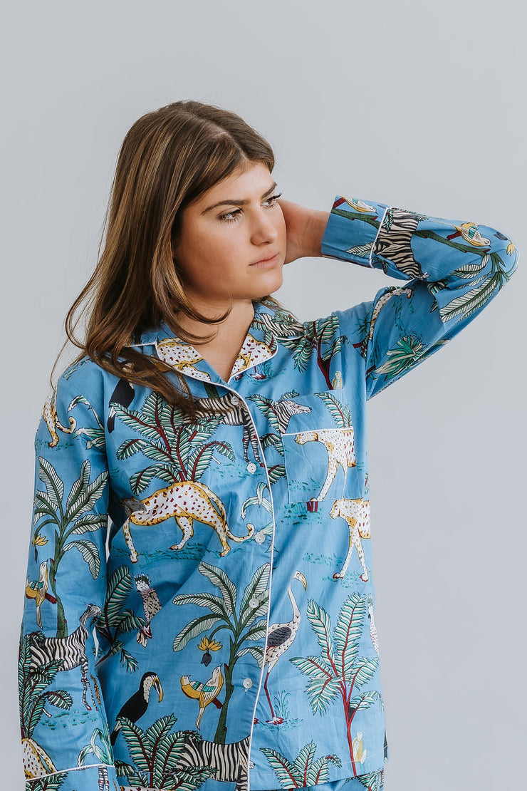 Pyjamas  - Indian Cotton Long Set - Blue Palm & Leopard - Elizabeth Summer